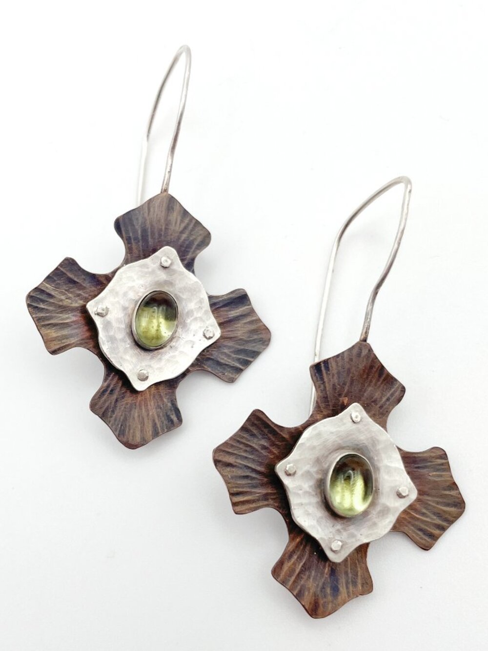 Copper & Sterling Silver Medieval Cross Earrings with Olive Quartz, Artisan Made